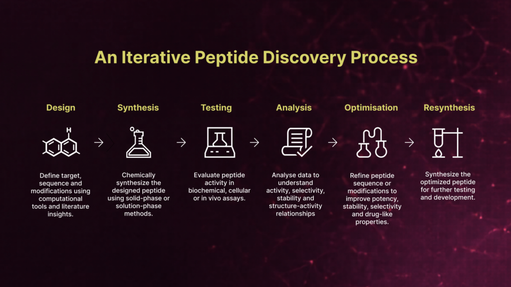             (Peptide drug discovery cycle showing design, synthesis, testing, analysis, optimisation and resynthesis.)
